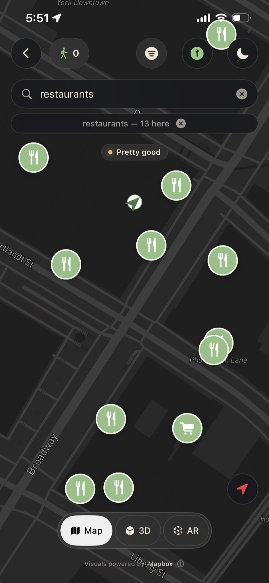 Wayline Explore mode showing restaurant pins on a dark Mapbox map in Lower Manhattan