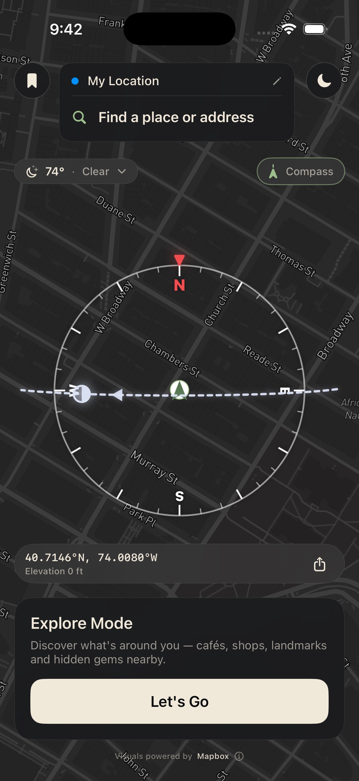 Wayline compass overlay showing the sun's real position on a sky dome above the map