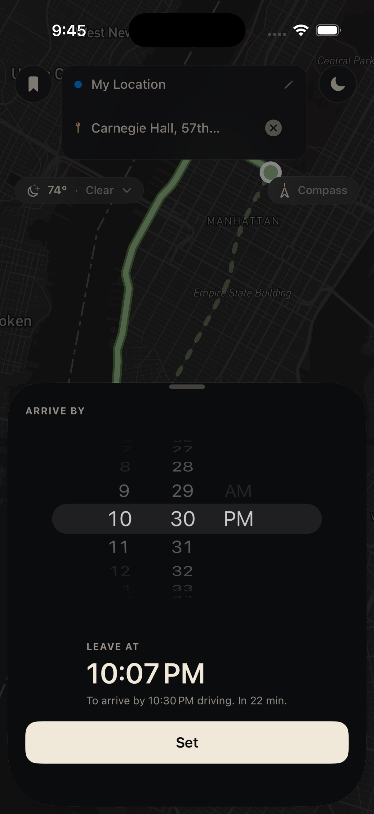 Wayline departure time picker. Set an arrival time and Wayline calculates when you should leave.
