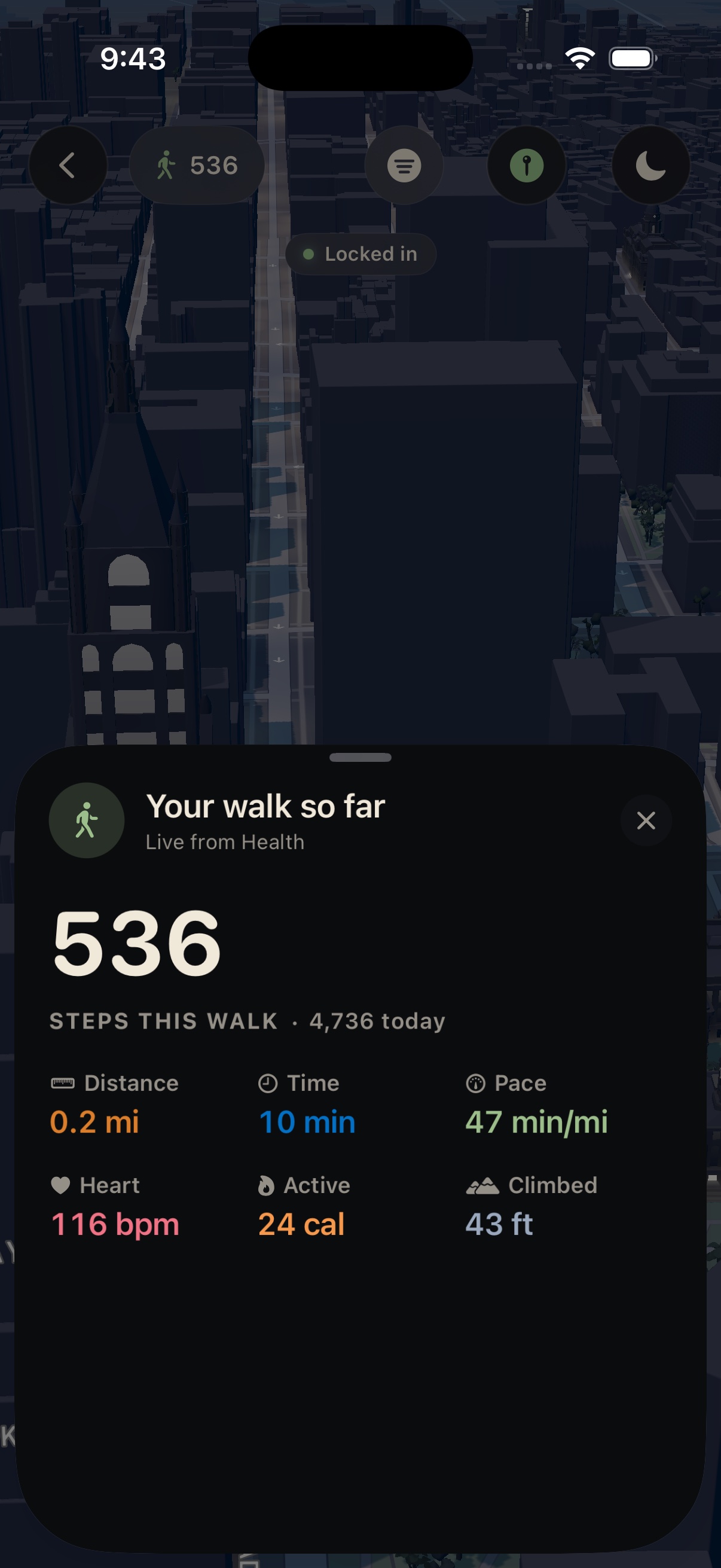 Wayline step counter pill with live step count, distance, and pace on the walk surface