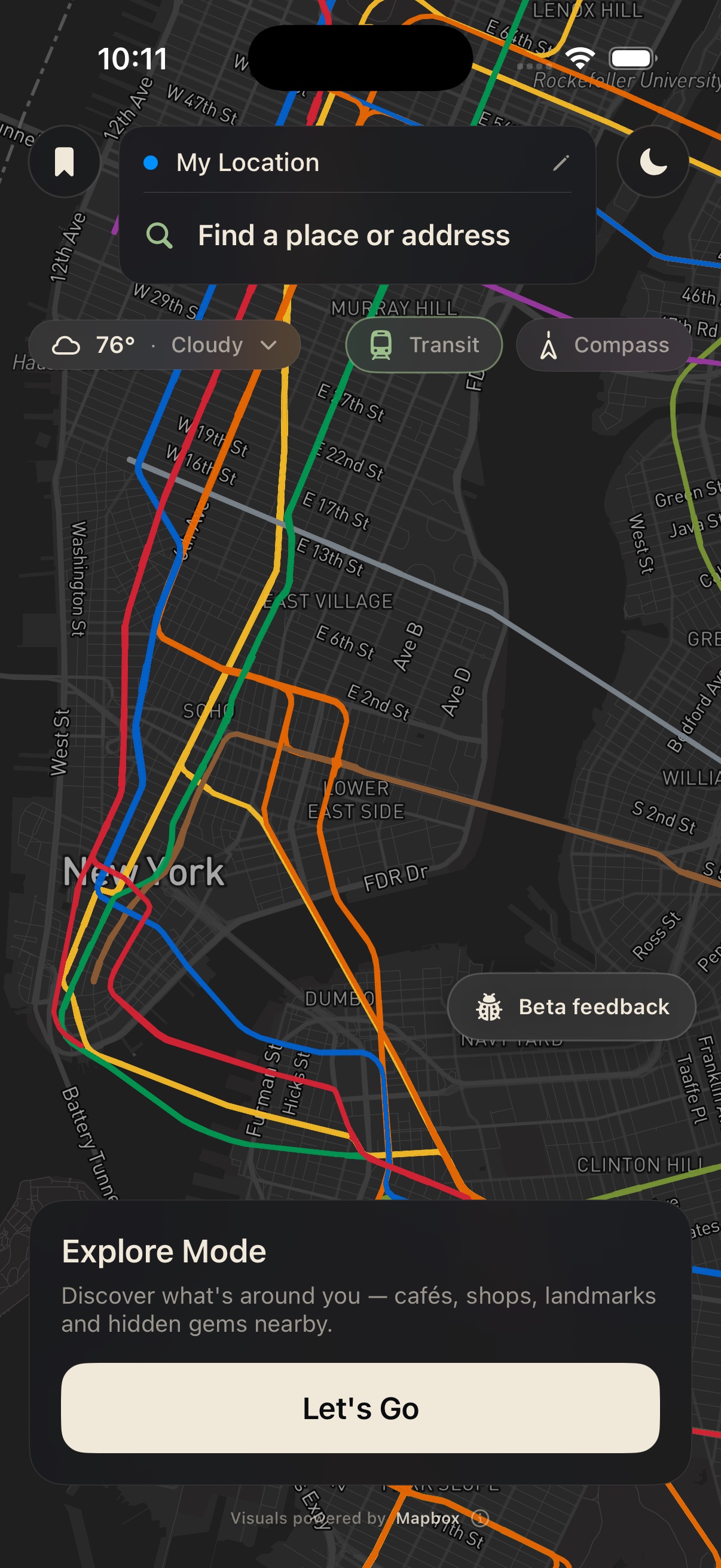 Wayline home map with the NYC subway overlay showing A, C, E, 4, 5, 6 lines drawn in authentic MTA colors