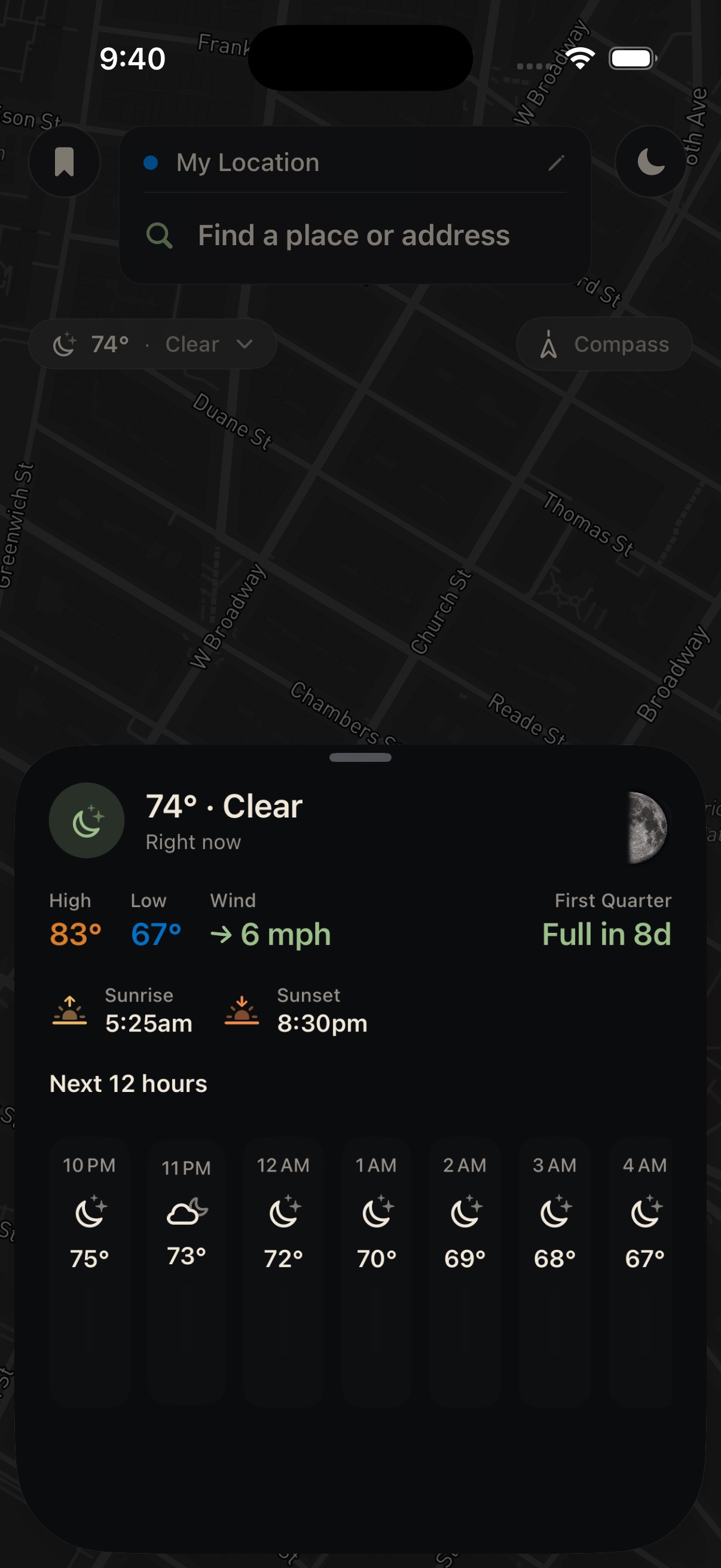 Wayline weather forecast sheet with hourly chart, sunrise + sunset, wind direction, and tonight's moon phase