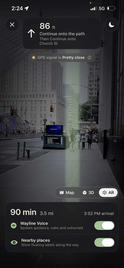 Wayline AR beacon view in night mode